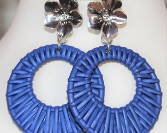 Beautiful Dark Blue Ratton Pendant Earrings with  Silver Flower Posts   E108