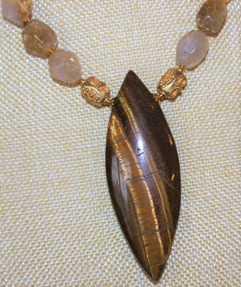 Exceptional Tiger/'s Eye Pendant Necklace with Gold Rutilated Quartz Ornate 24k Vermeil Gold Beads J171