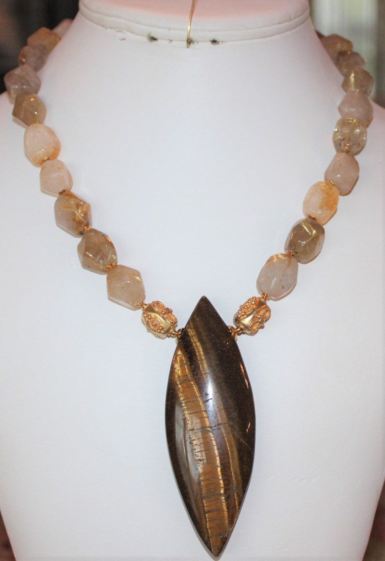 Exceptional Tiger/'s Eye Pendant Necklace with Gold Rutilated Quartz Ornate 24k Vermeil Gold Beads J171