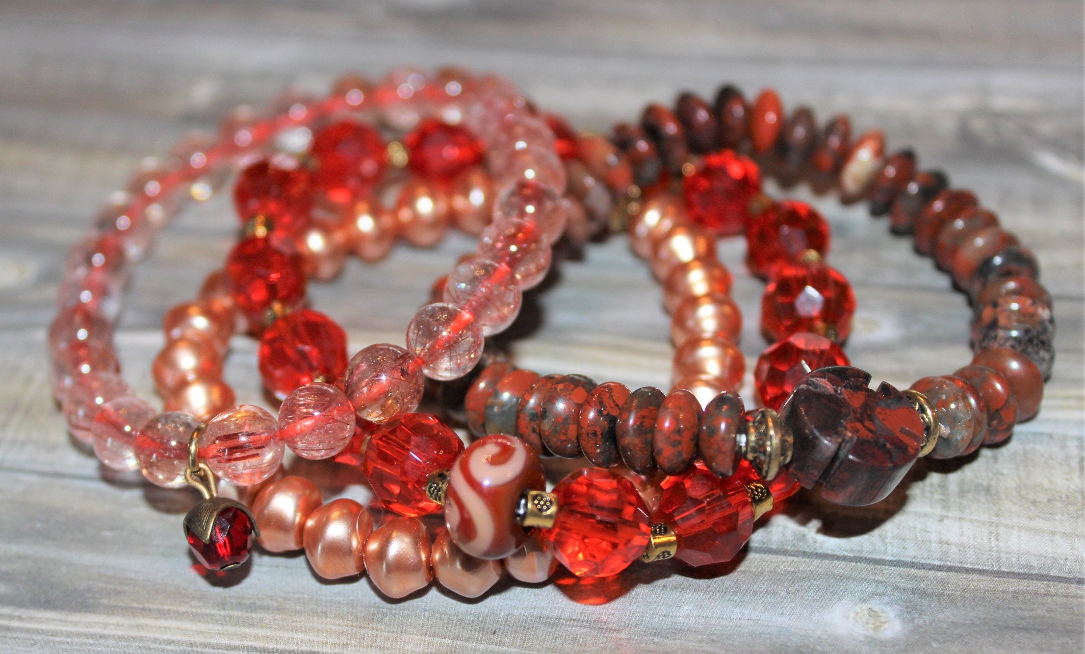 Four Red Stretch Bracelets, Stackable Bracelets, Brecciated Jasper