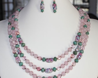 Three Strand Necklace & Earrings with Rose Quartz, Turquoise Czech Glass Beads, Vintage Art Glass Foil Beads      B05