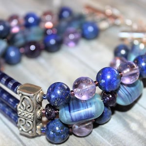 Three Strand Bracelet with Lapis Lazuli, Amethyst, Vintage and New Czech Glass Beads, Ornate Sterling Spacer Bars and Sterling Clasp  B01