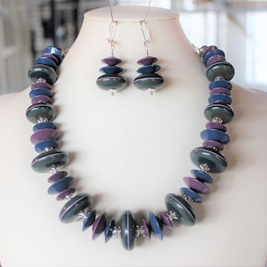 Navy Blue, Purple Chunky Mod Statement Necklace and Earrings Vintage Beads      B04