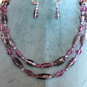 Two Strand Necklace & Earrings, Transparent Purple, Gray Vintage Art Glass Beads  B11