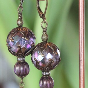 Earrings with Vintage Purple Faceted Glass Beads, Czech Glass Beads, Vintage Japanese Charms, Ornate Bead Caps E5 image 2