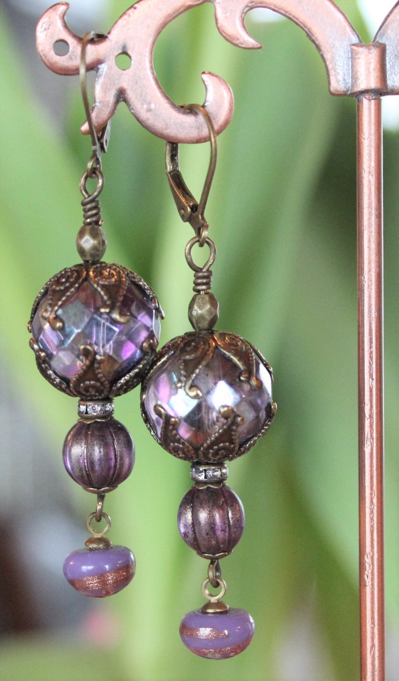 Earrings with Vintage Purple Faceted Glass Beads, Czech Glass Beads, Vintage Japanese Charms, Ornate Bead Caps E5 image 2