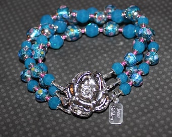 Three Strand Bracelet, Gorgeous Vintage Venetian Electric Turquoise Blue Glass Over Silver Foil, with Pink Roses    B14