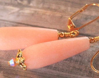 Peach Agate Teardrop Earrings with Swarovski Crystals and Ornate Bead Caps  E3