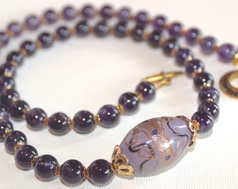 Necklace with Smooth Amethyst Gemstones, Vintage Large Lavender Glass Lampwork Bead from India  B01