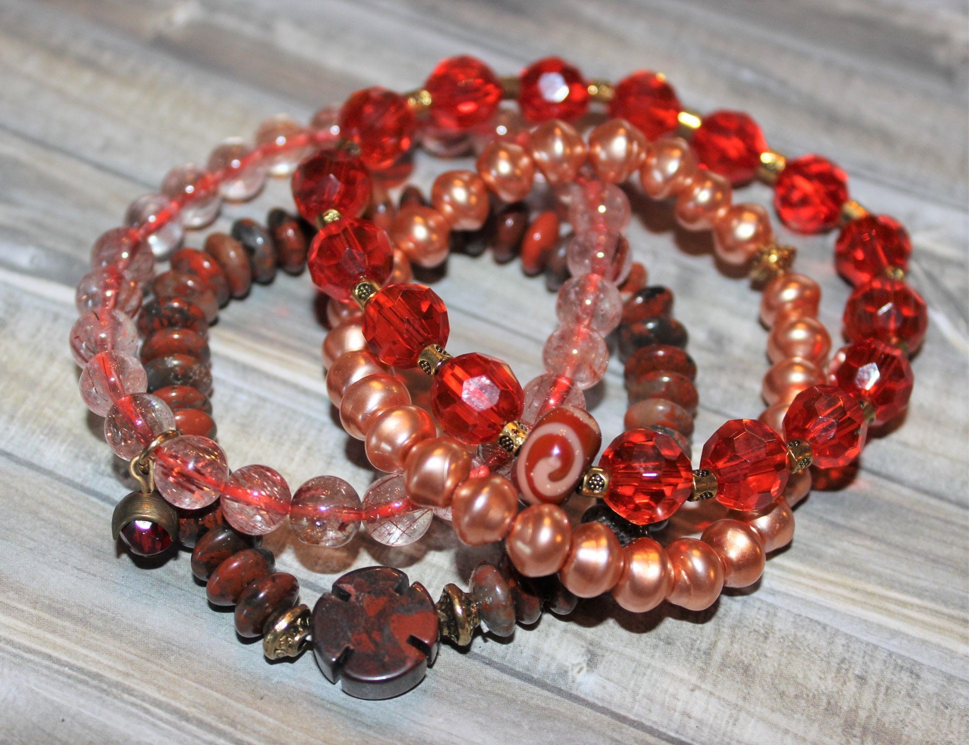 Four Red Stretch Bracelets, Stackable Bracelets, Brecciated Jasper