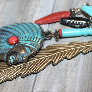Bronze Feather Bookmark with Indian Head Pendant Vintage Beads  Book Lover Gift   B02
