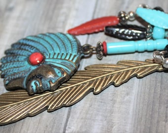 Bronze Feather Bookmark with Indian Head Pendant Vintage Beads  Book Lover Gift   B10