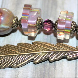Bronze Feather Bookmark with Rare Purple Cane Glass Beads  Book Lover Gift   B02
