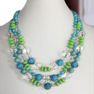 Three Strand Necklace with Lime Green, Hand Carved Blue Turquoise, Faceted Rock Crystal, 24k Vermeil Gold Filigree Clasp B07