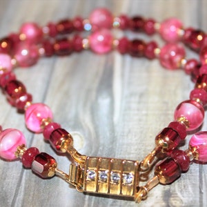 Two Strand Bracelet with Pink and Fuchsia Vintage Art Glass Givre Beads, Faceted Ruby Gemstones    B08