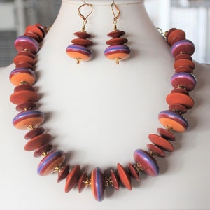 Burnt Orange, Golden Yellow Chunky Mod Statement Necklace and Earrings Vintage Beads      B04