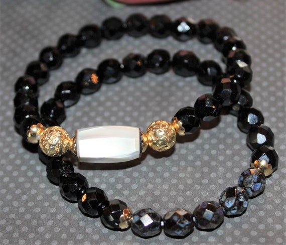 Bracelet Perles Onyx Et Nacre à Facettes 8mm - Fait Main, Taille Sur Mesure, élastique