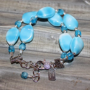 Lovely Sky Blue and White Porcelain Beaded Two Strand Bracelet, Vintage Porcelain Beads, Vintage Capri Blue Glass Beads      B04