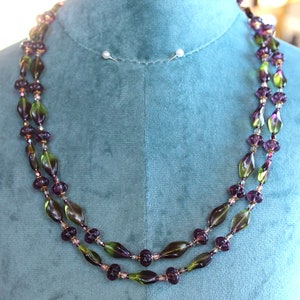 Two Strand Necklace, Green and Purple Two Tone Art Glass Beads, Purple Art Glass Czech Beads  B11