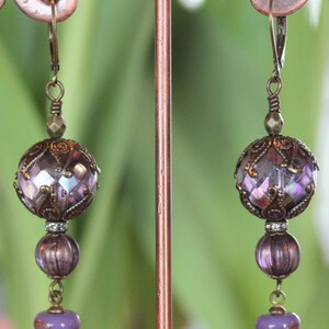 Earrings with Vintage Purple Faceted Glass Beads, Czech Glass Beads, Vintage Japanese Charms, Ornate Bead Caps E5 image 3