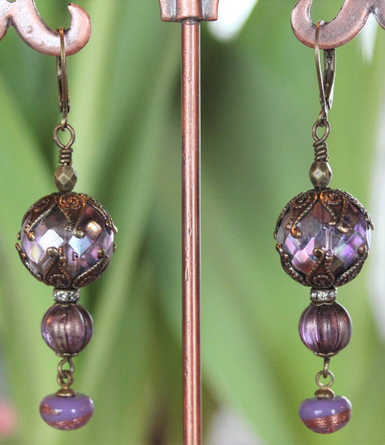 Earrings with Vintage Purple Faceted Glass Beads, Czech Glass Beads, Vintage Japanese Charms, Ornate Bead Caps E5 image 3