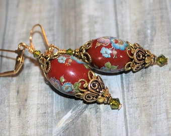 Gorgeous Vintage Glass Tensha Beaded Earrings, Brick Red, Blue Flowers, Ornate Antique Gold Bead Caps, Swarovski Crystals  E1