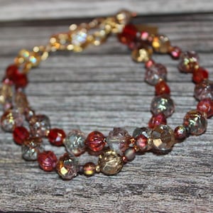 Two Strand Czech Glass Beaded Bracelet, Gorgeous Pressed Glass Rose Bud Beads, Red, Gold Bracelet  B08