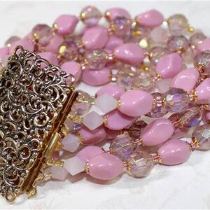 Gorgeous Pink Seven Strand Vintage Glass Beaded Bracelet Fantastic Antique Gold Filigree Box Clasp  B01
