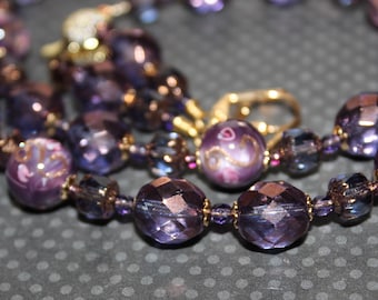 Purple Necklace & Earrings, Czech Lampwork Glass Beads, Czech Crystal Beads   B10