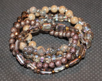 Five Taupe & Copper Stretch Bracelets, Stackable Bracelets, Wood Jasper, Picasso Stone, Faceted Glass, Czech Art Glass    B10