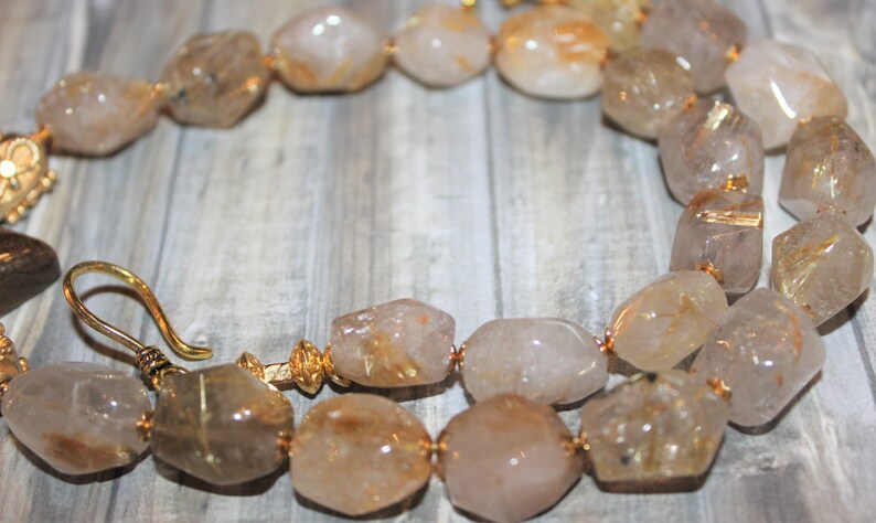 Exceptional Tiger/'s Eye Pendant Necklace with Gold Rutilated Quartz Ornate 24k Vermeil Gold Beads J171