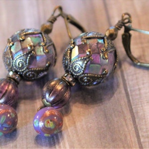 Earrings with Vintage Purple Faceted Glass Beads, Czech Glass Beads, Vintage Japanese Charms, Ornate Bead Caps E5 image 1