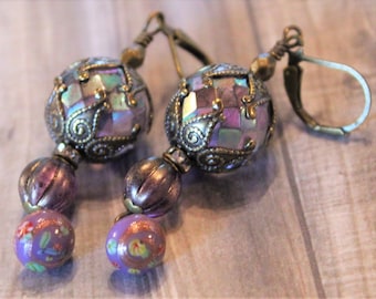 Earrings with Vintage Purple Faceted Glass Beads, Czech Glass Beads, Vintage Japanese Charms, Ornate Bead Caps  E5