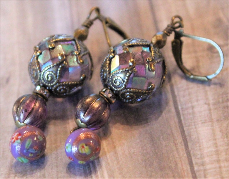Earrings with Vintage Purple Faceted Glass Beads, Czech Glass Beads, Vintage Japanese Charms, Ornate Bead Caps E5 image 1