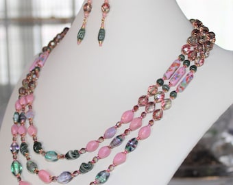 Pink and Green Art Glass Necklace and Earrings, Vintage Art Glass Beads,  New Czech Glass Beads B1264