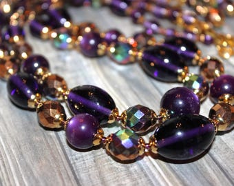 Two Strand Necklace & Earrings, Vintage Dark Amethyst Glass Beads and Dark Amethyst Moonglow Beads, New AB Czech Crystal Beads      B15