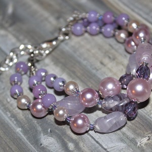 Pink & Lavender Three Strand Bracelet, Vintage Art Glass Beads, Czech Crystal Beads  B12