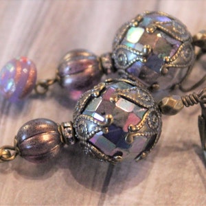 Earrings with Vintage Purple Faceted Glass Beads, Czech Glass Beads, Vintage Japanese Charms, Ornate Bead Caps E5 image 4