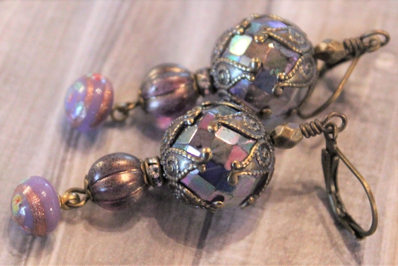 Earrings with Vintage Purple Faceted Glass Beads, Czech Glass Beads, Vintage Japanese Charms, Ornate Bead Caps E5 image 4