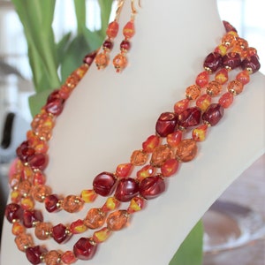Fiery Red, Yellow, Burnt Orange Three Strand Necklace and Earrings, Vintage Glass Givre Beads, 23k Plated Clasp   B09