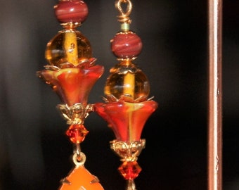 Honey Glass Beaded Earrings, Bright Orange Glass Pendant Earrings    B234