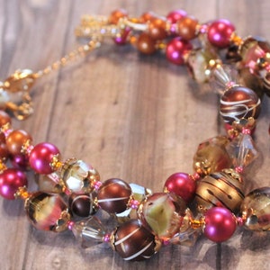 Three Strand Bracelet, Hot Pink and Copper Brown Vintage Beads, Vintage Art Glass Beads, New Crystal Bar and Lobster Clasp    B09 B21P
