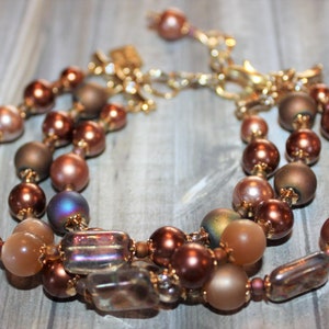 Brown and Copper Three Strand Bracelet, Vintage Japanese Beads, Moonglow Beads, New Czech Art Glass Beads    B03
