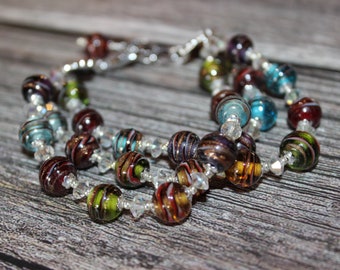 Three Strand Bracelet, Colorful Vintage Glass Lampwork Beads & Small Vintage Clear Crystals, Beaded Bracelet  B09