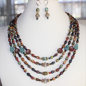 Four Strand Necklace with Earrings, Vintage Venetian Scottish Glass Agate Beads, New Czech Glass Figural Beads    B05