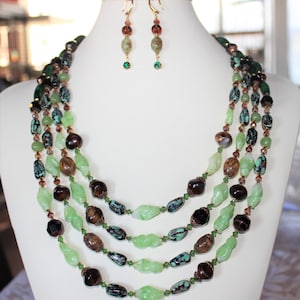 Four Strand Vintage Art Glass Necklace and Earrings, Green Venetian Murano Beads Necklace, Vintage Czech Art Glass Beads Crystal Clasp   B05