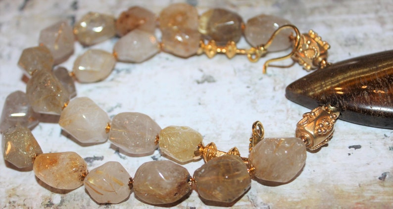 Exceptional Tiger/'s Eye Pendant Necklace with Gold Rutilated Quartz Ornate 24k Vermeil Gold Beads J171