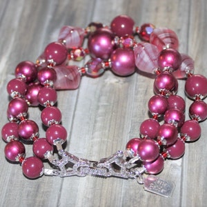 Three Strand Bracelet with Vintage Plum Beads, Vintage Pink Givre Art Glass Beads, Vintage Red Crystal Beads, Crystal Clasp    B05