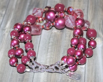Three Strand Bracelet with Vintage Plum Beads, Vintage Pink Givre Art Glass Beads, Vintage Red Crystal Beads, Crystal Clasp    B05