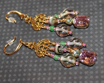 Ornate Chandelier Earrings with Vintage Art Glass Beads and Pink Crystal Pendants   B328